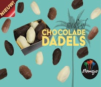 a box of chocolate dalels with palm trees in the background