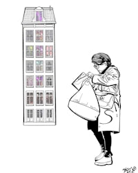 an illustration of a woman with a bag in front of a building