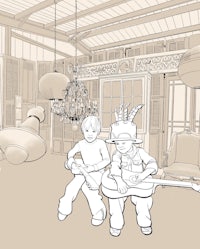 a drawing of two boys playing guitar in a room