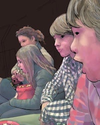 an illustration of a group of people watching a movie