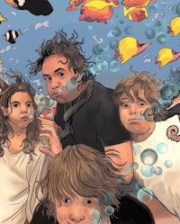 an illustration of a family with fish and bubbles